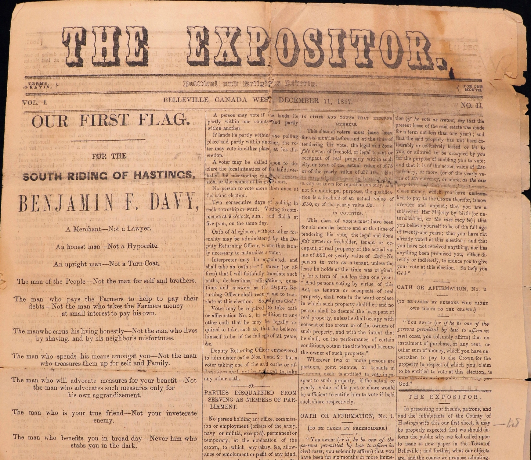 Front page of The Expositor newspaper of 11 December 1857.