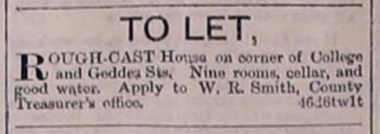 Ad for a house to let on College and Geddes streets in Belleville.