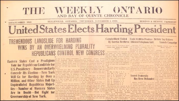 Front page of The Weekly Ontario for 4 November 1920 with report on the election of Warren Harding.