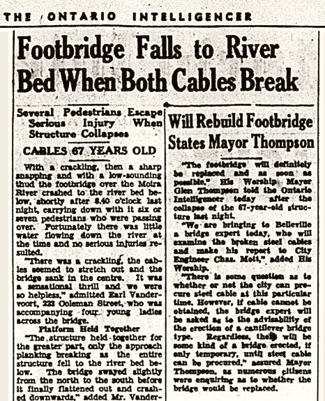 Report of footbridge collapse in Ontario Intelligencer of 15 August 1941.