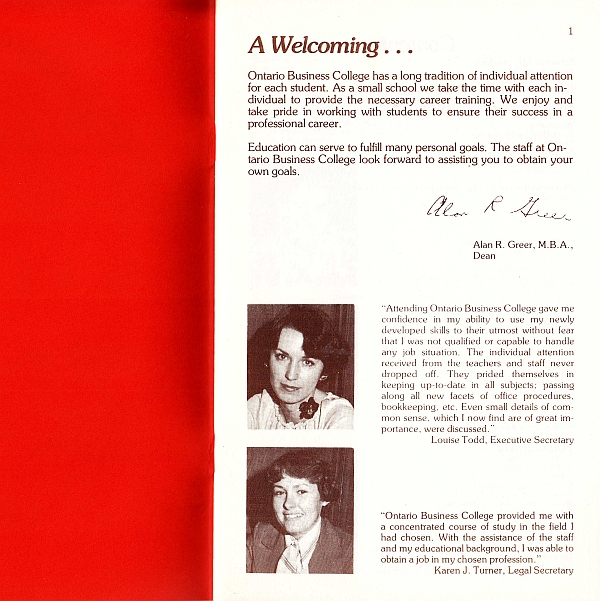 Page of a promotional booklet on the Ontario Business College, with two photographs of students.