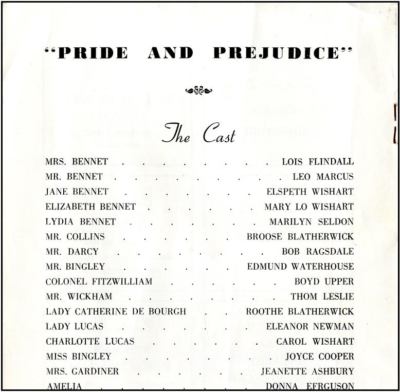 Cast list for Pride and Prejudice