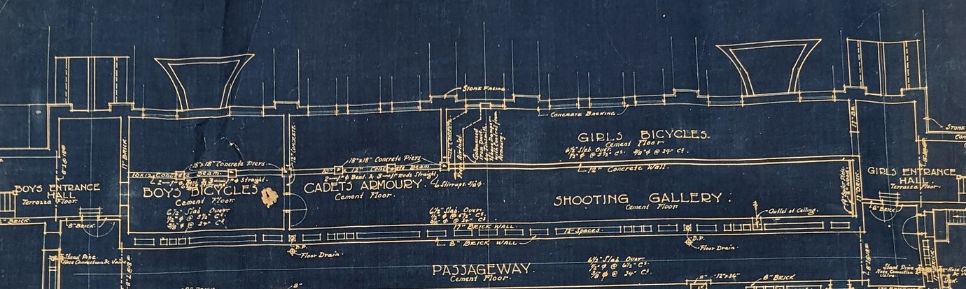 Detail of blueprint showing shooting gallery, armoury and segregated bicycle storage.