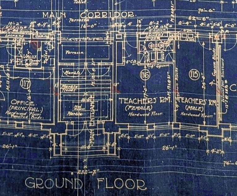 Detail of blueprint showing staff areas segregated by gender.