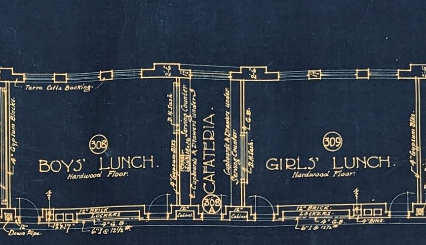 Detail of blueprint showing lunch areas segregated by gender.