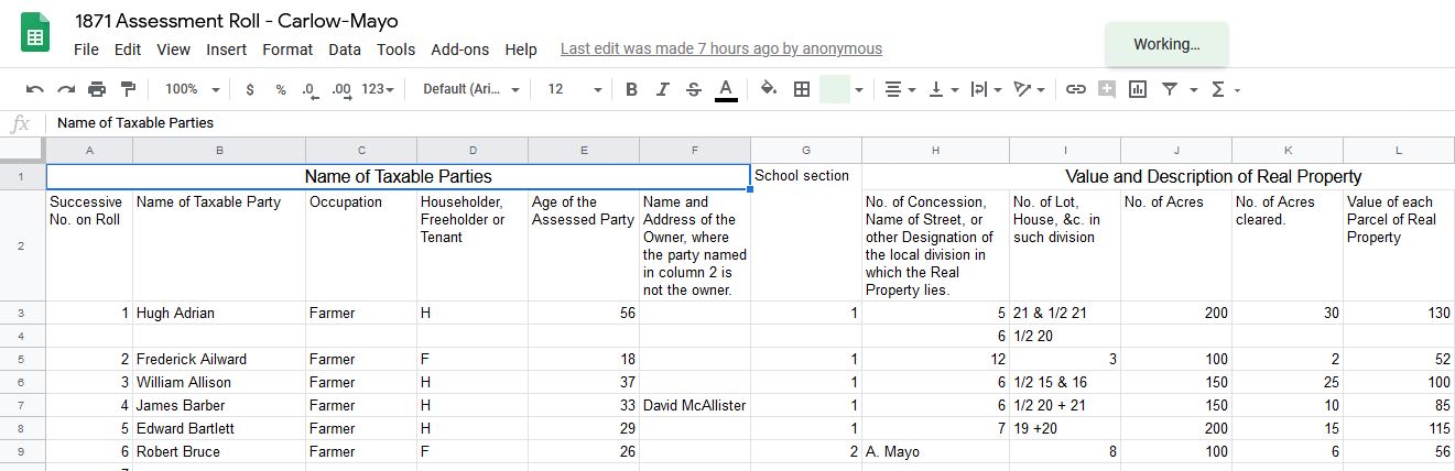 Carlow Mayo data entry form