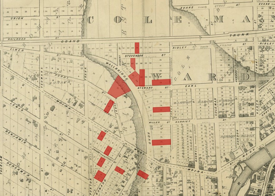 1877 plan of northwest Belleville with certain properties highlighted in red.