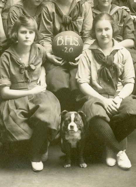 Detail of girls' team photograph with bulldog mascot.