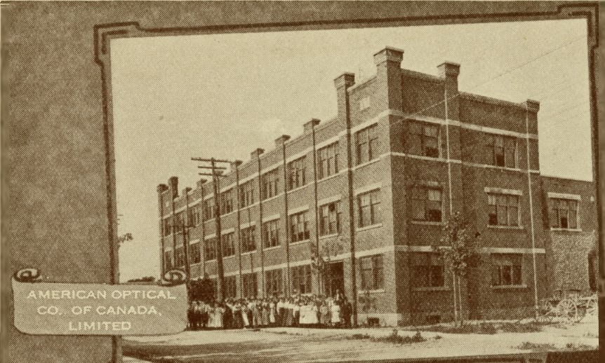 Detail of a brochure with a photograph of the American Optical Company factory at 257 Coleman Street, Belleville.