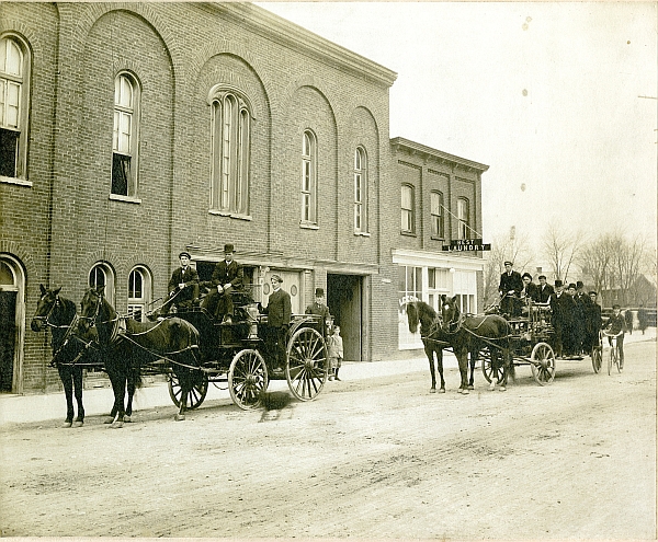 Fire hall and firemen.