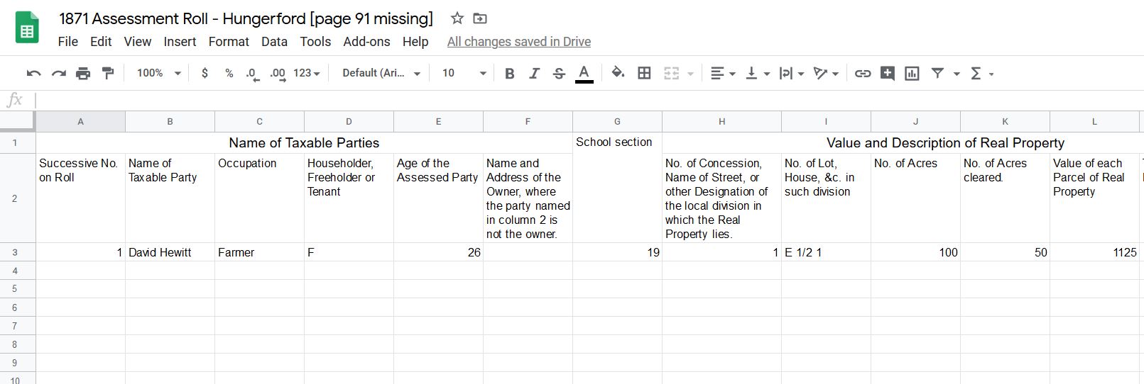 Hungerford data entry form