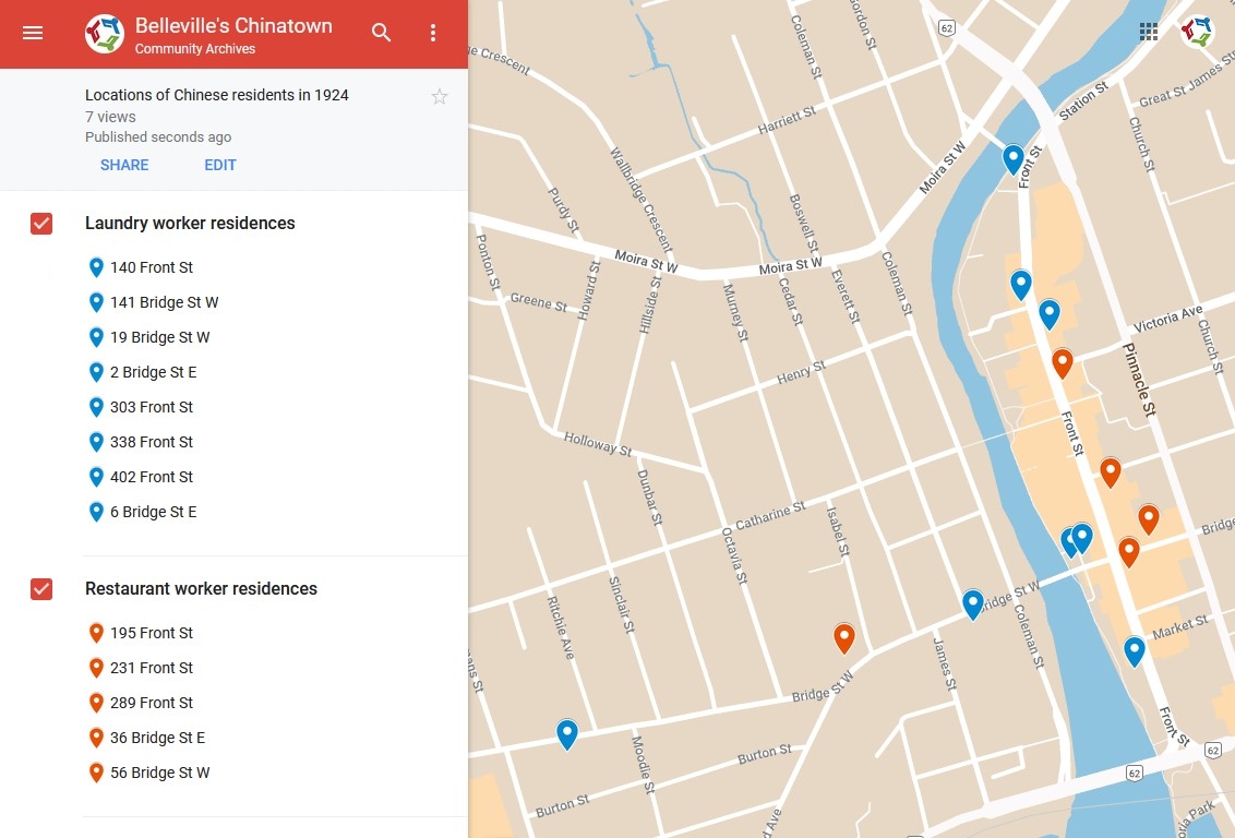 Map showing the location of Chinese residents in Belleville in 1924, along Front Street and Bridge Street in the downtown core.