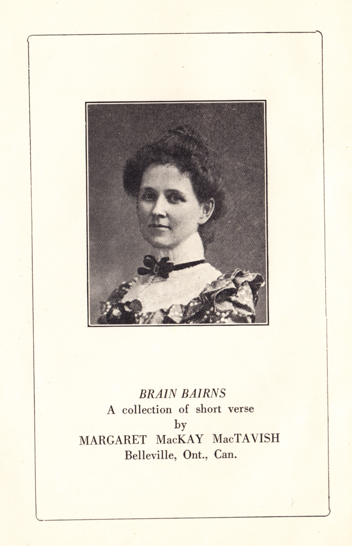 Photograph of Margaret MacKay MacTavish on the frontispiece of a book called Brain Bairns