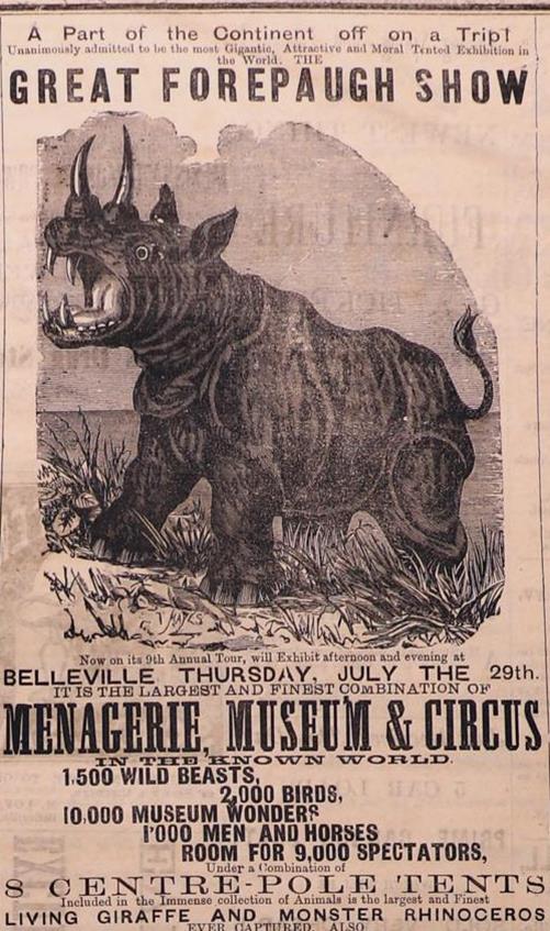 Ad for Great Forepaugh Show with drawing of a monster rhinoceros.