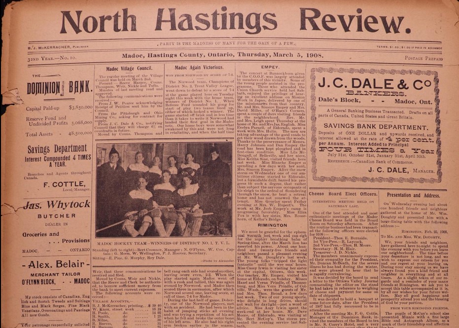 Front page of the North Hastings Review of 5 March 1908.