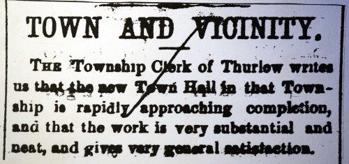 Report on completion of the Thurlow Township hall in Daily Intelligencer, August 26th, 1873