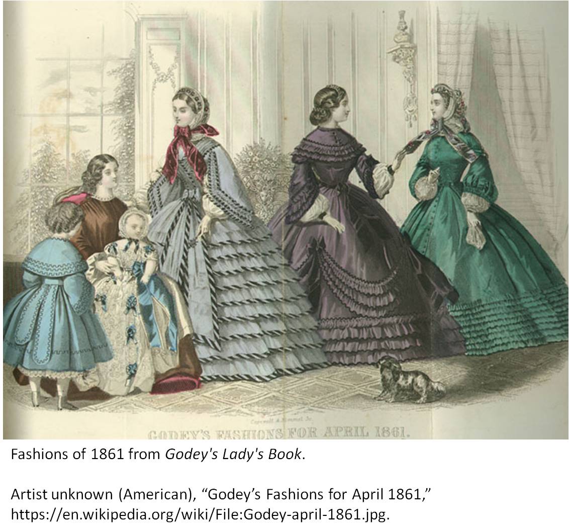 Artist unknown (American). “Godey’s Fashions for April 1861.” https://en.wikipedia.org/wiki/File:Godey-april-1861.jpg.