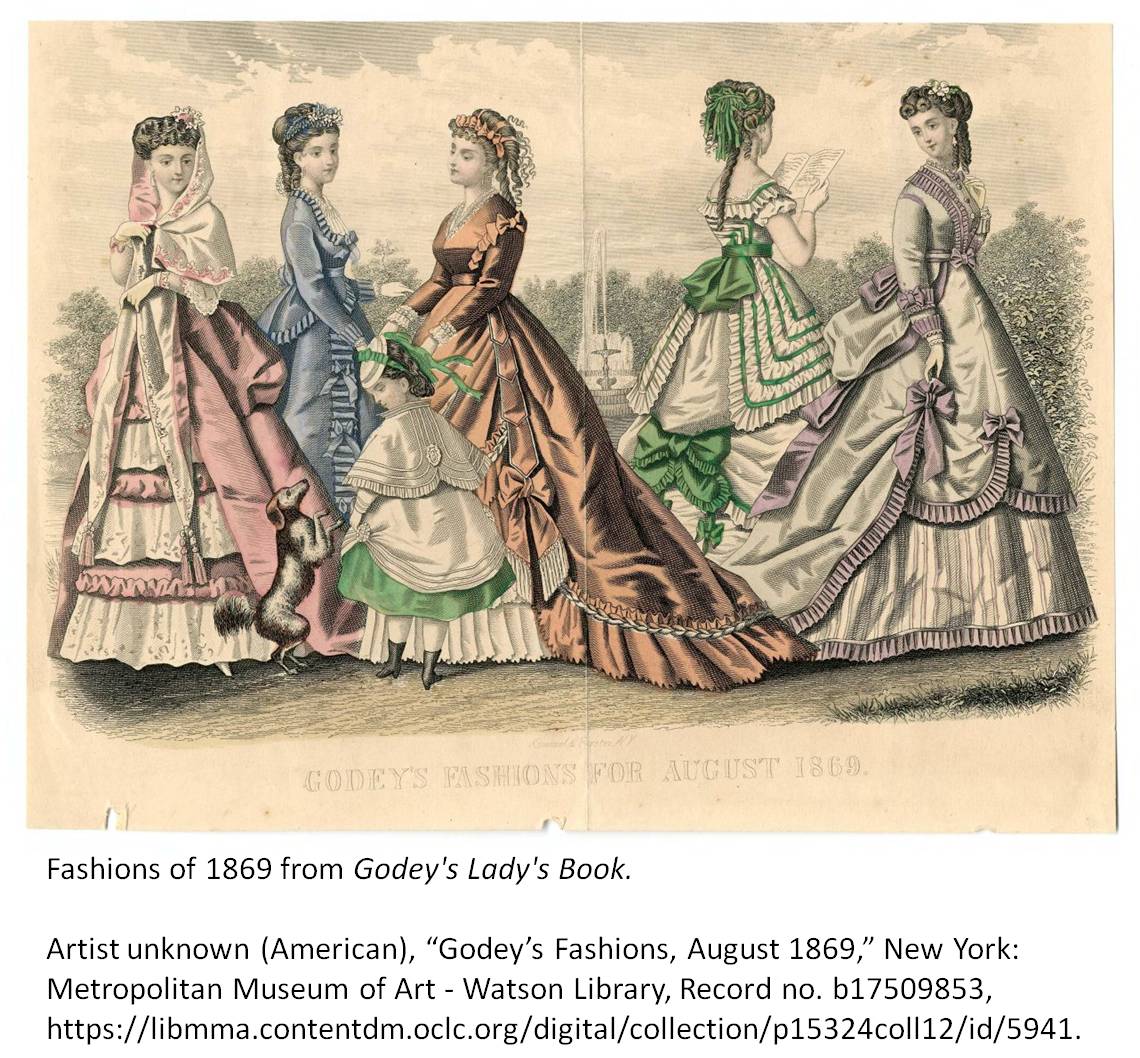 Artist unknown (American). “Godey’s Fashions, August 1869.” New York: Metropolitan Museum of Art - Watson Library, Record no. b17509853. Gift of Leo Van Witsen. 