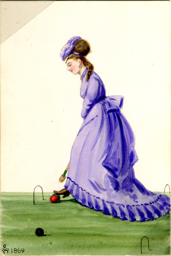 Watercolour of a woman playing croquet