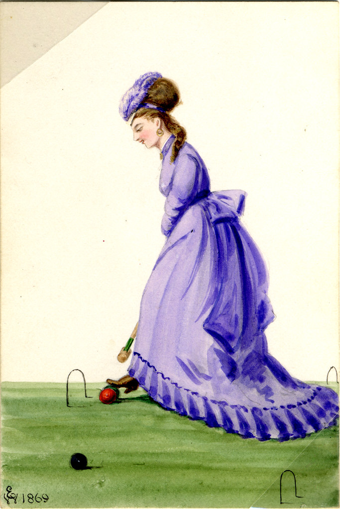 Watercolour of a woman playing croquet