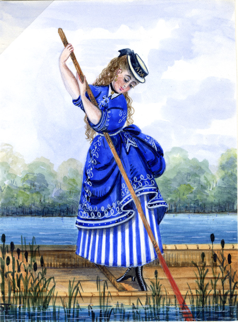 Watercolour of a woman punting a boat.