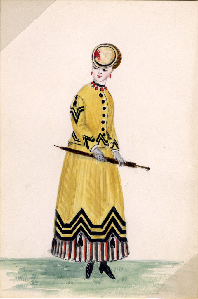 Watercolour of a woman in a yellow walking dress