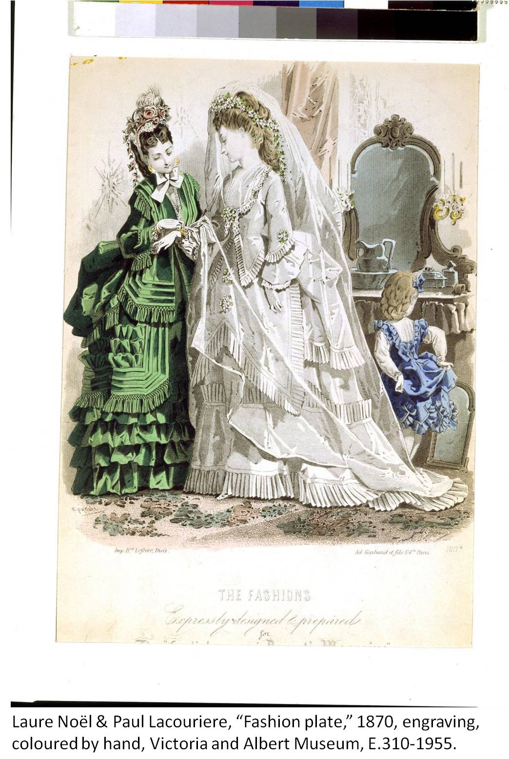 Laure Noël & Paul Lacouriere, “Fashion plate,” 1870, engraving, coloured by hand, Victoria and Albert Museum, E.310-1955, https://collections.vam.ac.uk/item/O580331/fashion-plate-no%C3%ABl-laure.