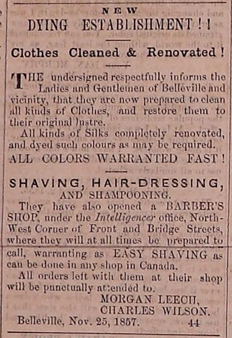 1857 advertisement for Charles Wilson's barber business