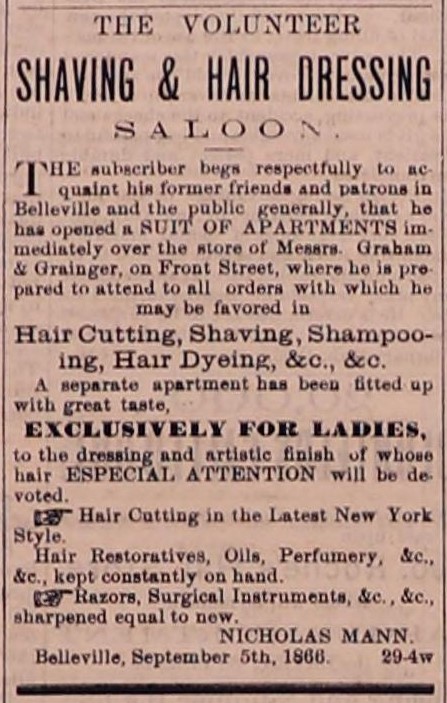 1866 ad for Nicholas Mann's barbershop business.