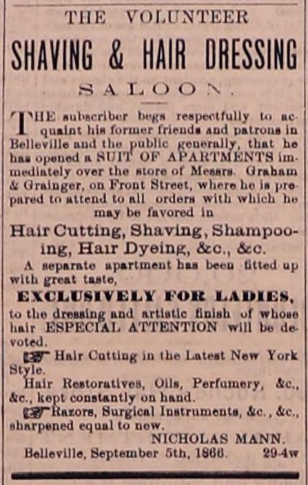 1866 ad for Nicholas Mann's barbershop business.