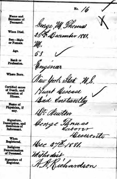 Death registration of George M. Thomas, 1881