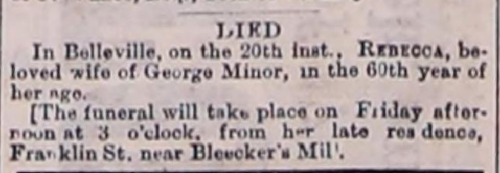 Newspaper announcement of the death of Rebecca Minor in 1882
