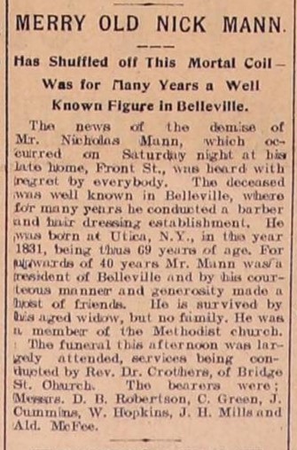 Obituary for Nicholas Mann, 1900.