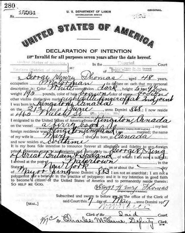 1917 declaration of intent to become a citizen for George Henry Thomas.