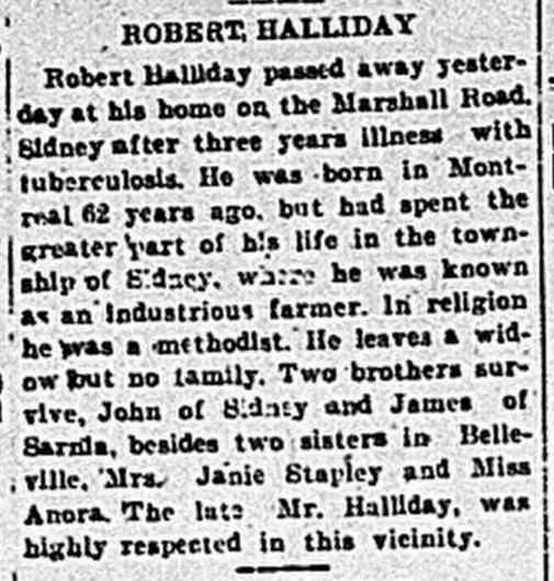 Obituary for Robert Halliday, 1912.