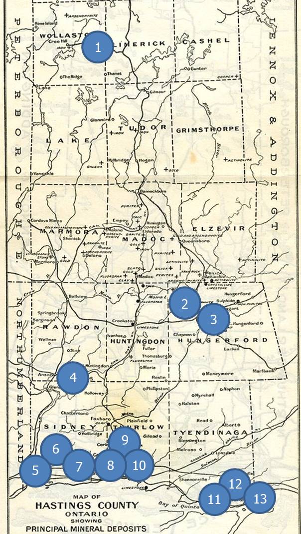 Map of Hastings County with circles showing the location of Black families in 1881.