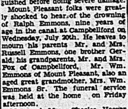 Newspaper report on the drowning of Ralph Emmons.