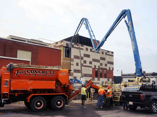 Concrete being poured into the Belleville Public Library building