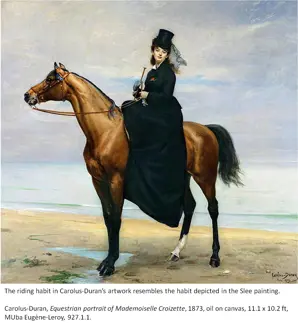 Portrait of a woman on horseback.