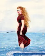 Drawing of a woman in a bathing costume, standing in water.