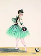 Drawing of a woman in a green tutu on a stage.