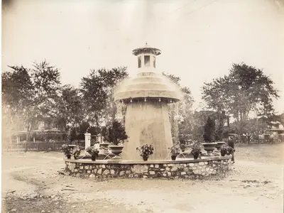 Large concrete fountain.