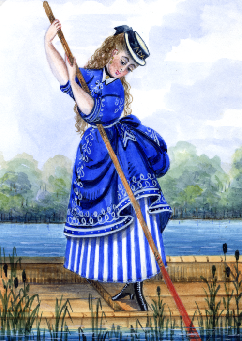 Drawing of a woman in a sailor dress on a boat.