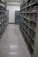 Shelves full of newspapers.