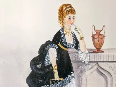 Drawing of a woman in a black ballgown.