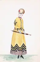 Drawing of a woman in a long yellow dress.
