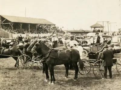 Horse-drawn vehicles at a fairground.