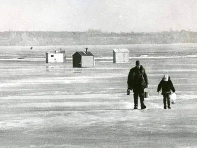 Ice-fishing huts on the Bay of Quinte.