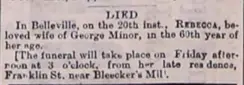 Newspaper announcment of the death of Rebecca Minor.