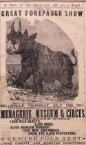 Newspaper ad for a circus with a "monster rhinoceros".
